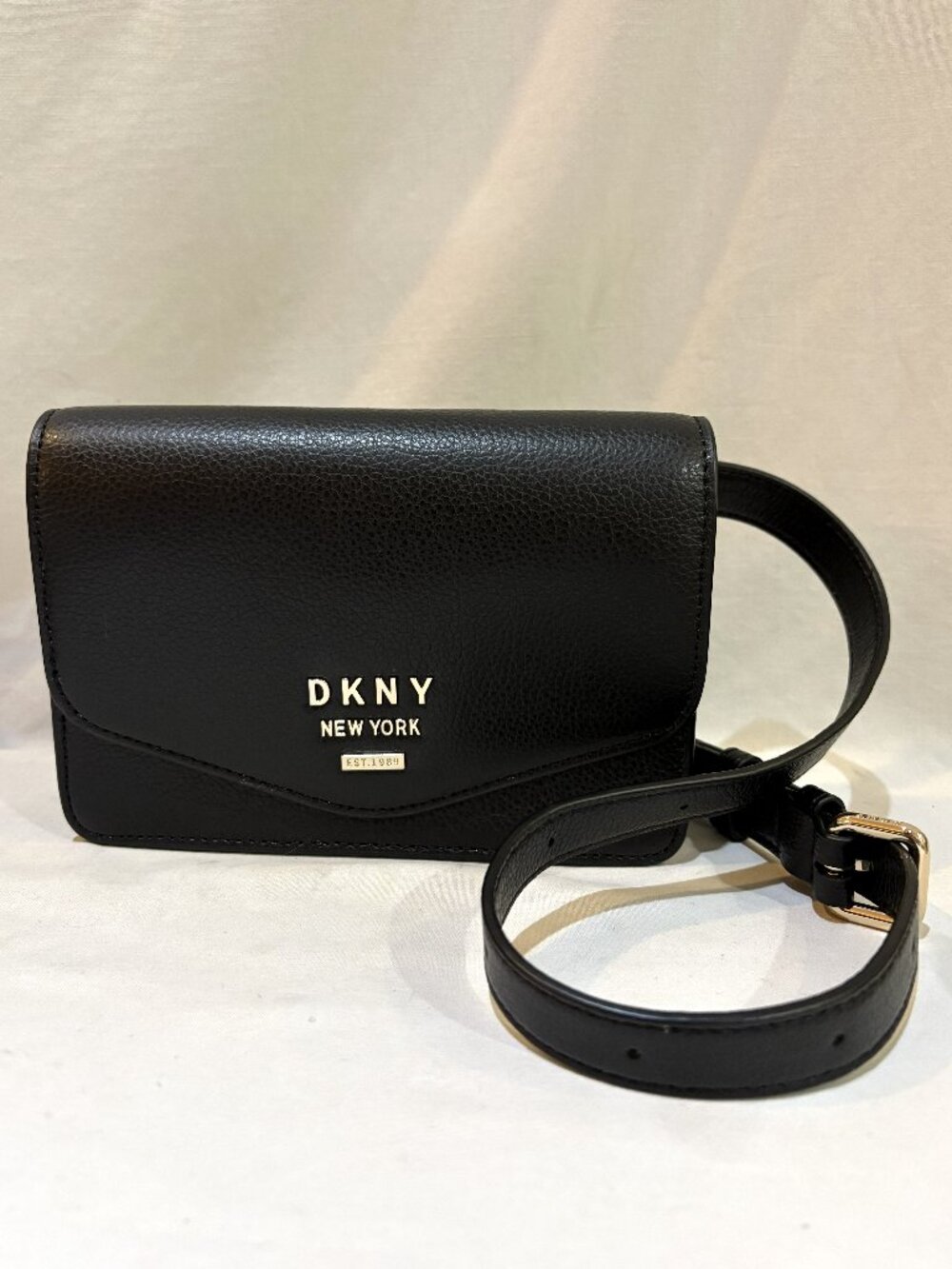 DKNY New York Black Leather Logo Flap Belt Bag Adjustable Belt